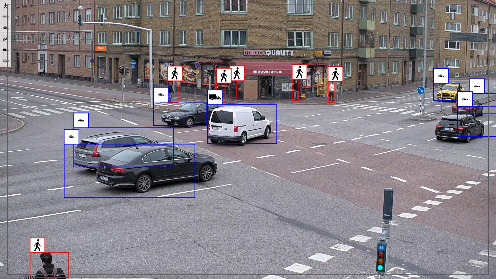 Computer vision detecting and counting cars, vans, taxis and pedestrians simultaneously across a busy intersection.